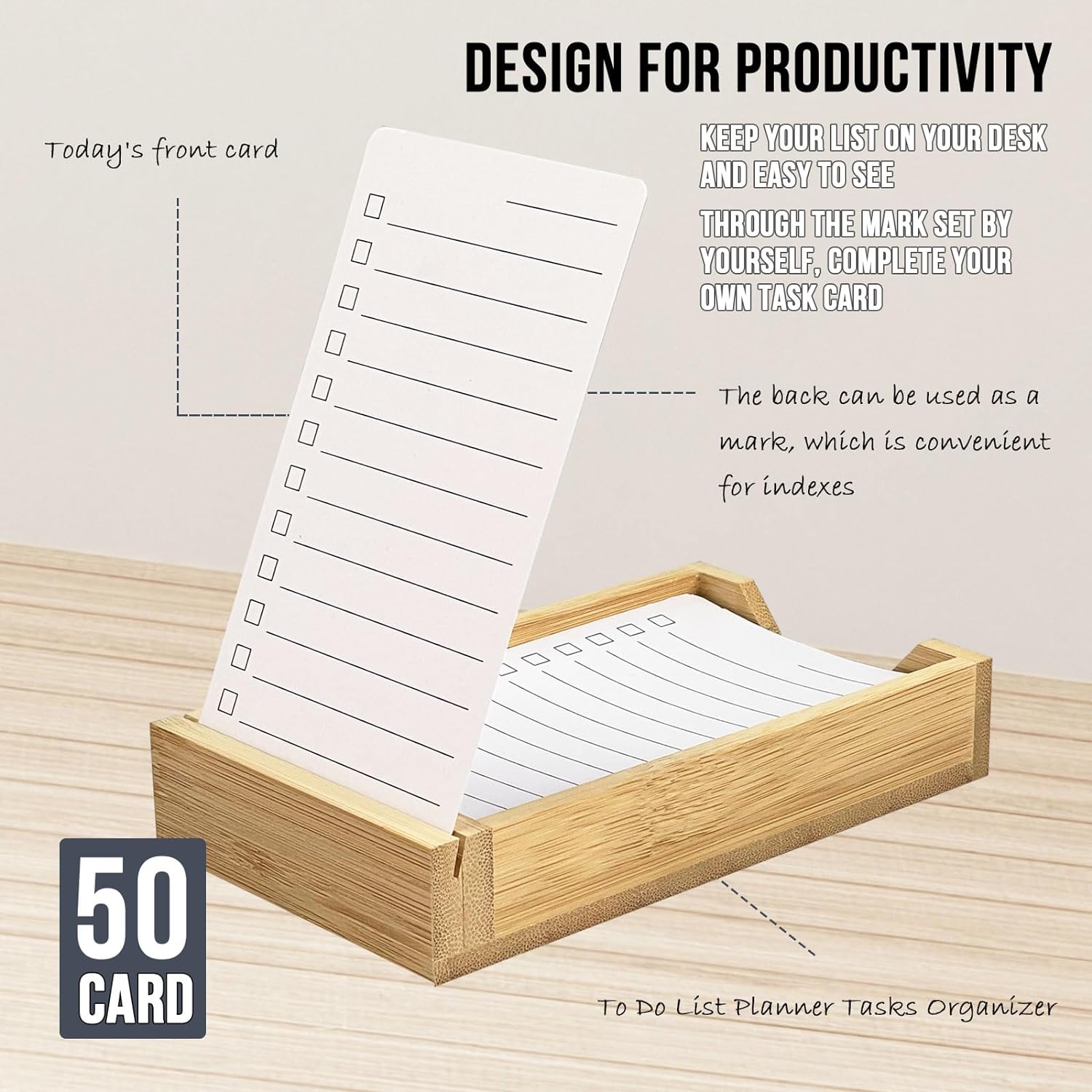 Daily to Do List Planner, Daily Todo Checklist Cards and Bamboo Stand, 50 to Do Cards, Productivity System Planners Notebook for Work Office Accessories